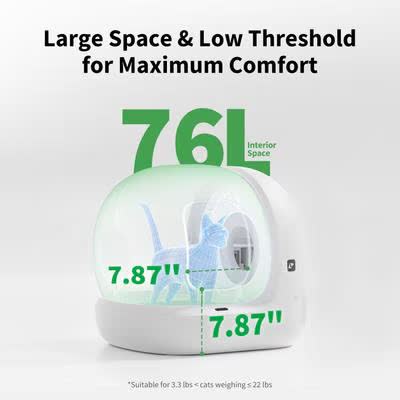 PETKIT PuraMax 2 interior dimensions: 76L space, 7.87 by 7.87 inch entrance